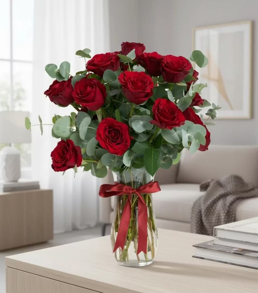 20 Red Roses in a Crystal Cylindrical Glass Vase