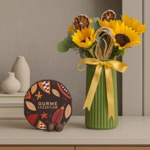 Green Vase with Sunflowers & Patterned Gourmet Treats