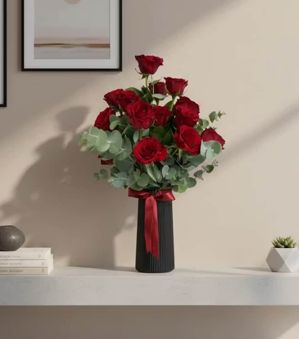 Red Roses with Ribbon in a Black Striped Polymer Vase Red Roses with Ribbon in a Black Striped Polymer Vase