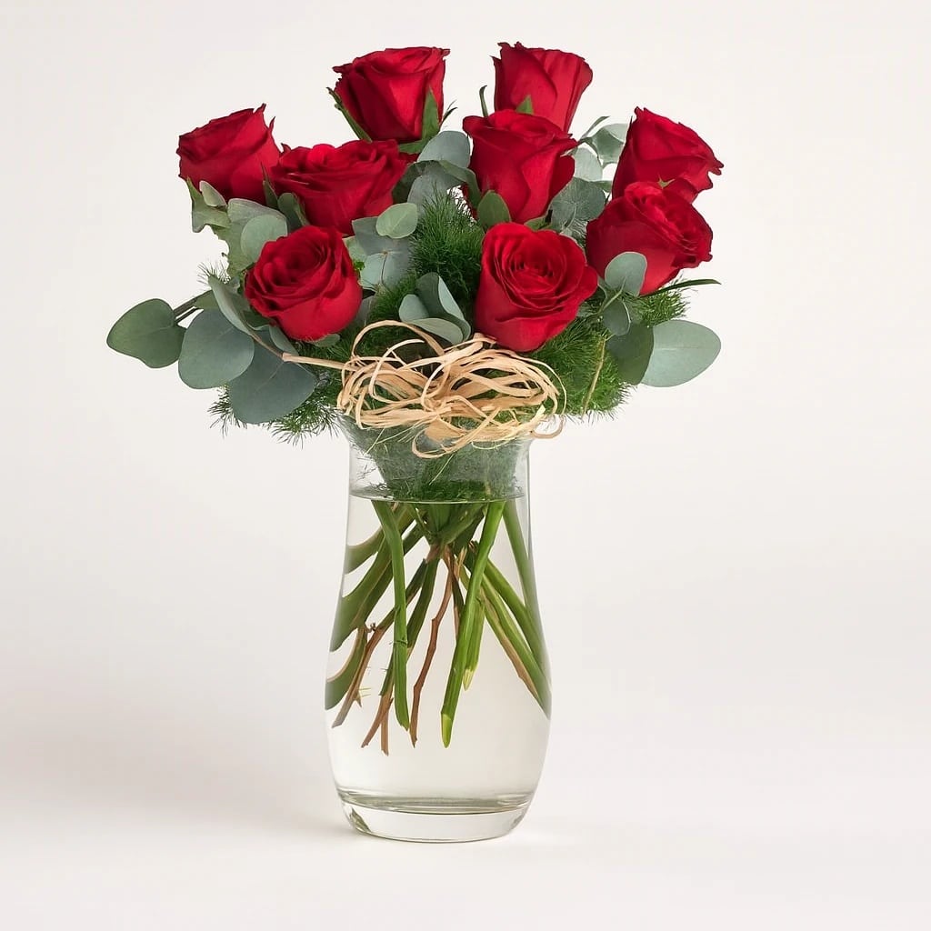 9 Red Roses in a Crystal Cylinder Glass Vase 9 Red Roses in a Crystal Cylinder Glass Vase