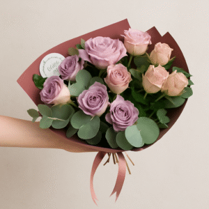 Dark Salmon Bouquet with 10 Lilac Roses