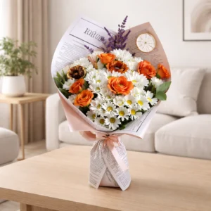 Design Bouquet with Orange Roses and White Daisies