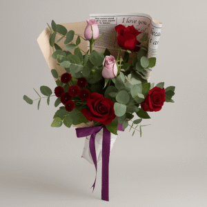 Pink Gazette Wrapped Lilac and Red Roses