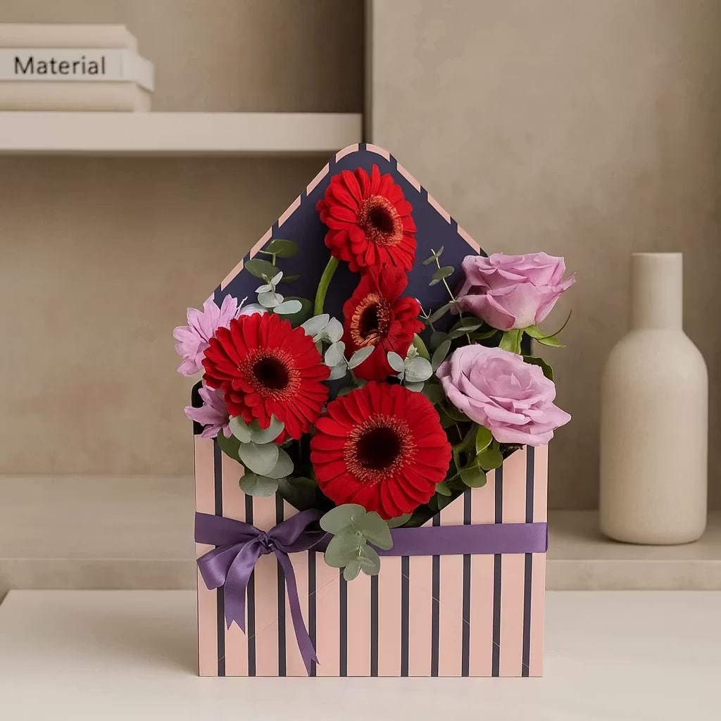 Pink Roses & Red Gerberas in Purple Striped Envelope Pink Roses & Red Gerberas in Purple Striped Envelope