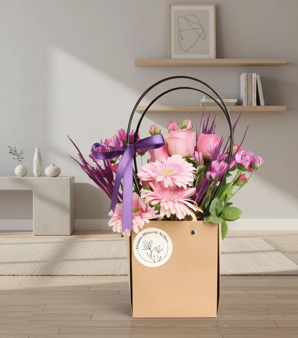 Pink Roses & Yellow Chrysanthemums in Kraft Bag Pink Roses & Yellow Chrysanthemums in Kraft Bag