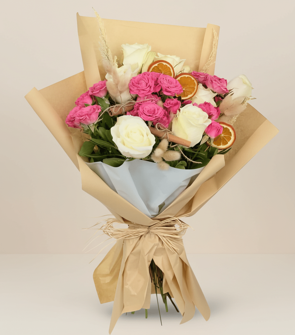 Pink Spray Roses & White Roses in Kraft Wrap Pink Spray Roses & White Roses in Kraft Wrap