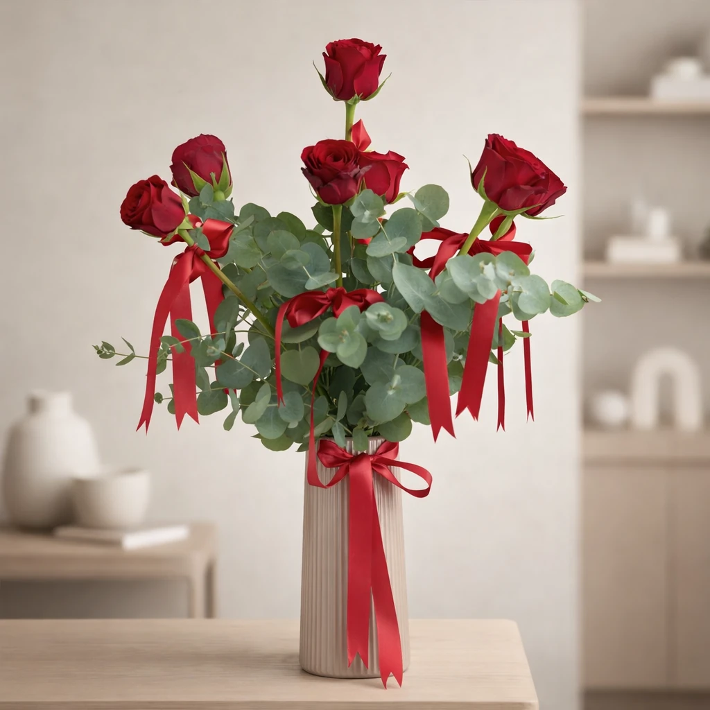 Red Roses with Ribbon in Beige Striped Polymer Vase Red Roses with Ribbon in Beige Striped Polymer Vase