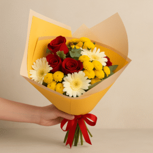Yellow Bouquet with White Gerberas & Red Roses