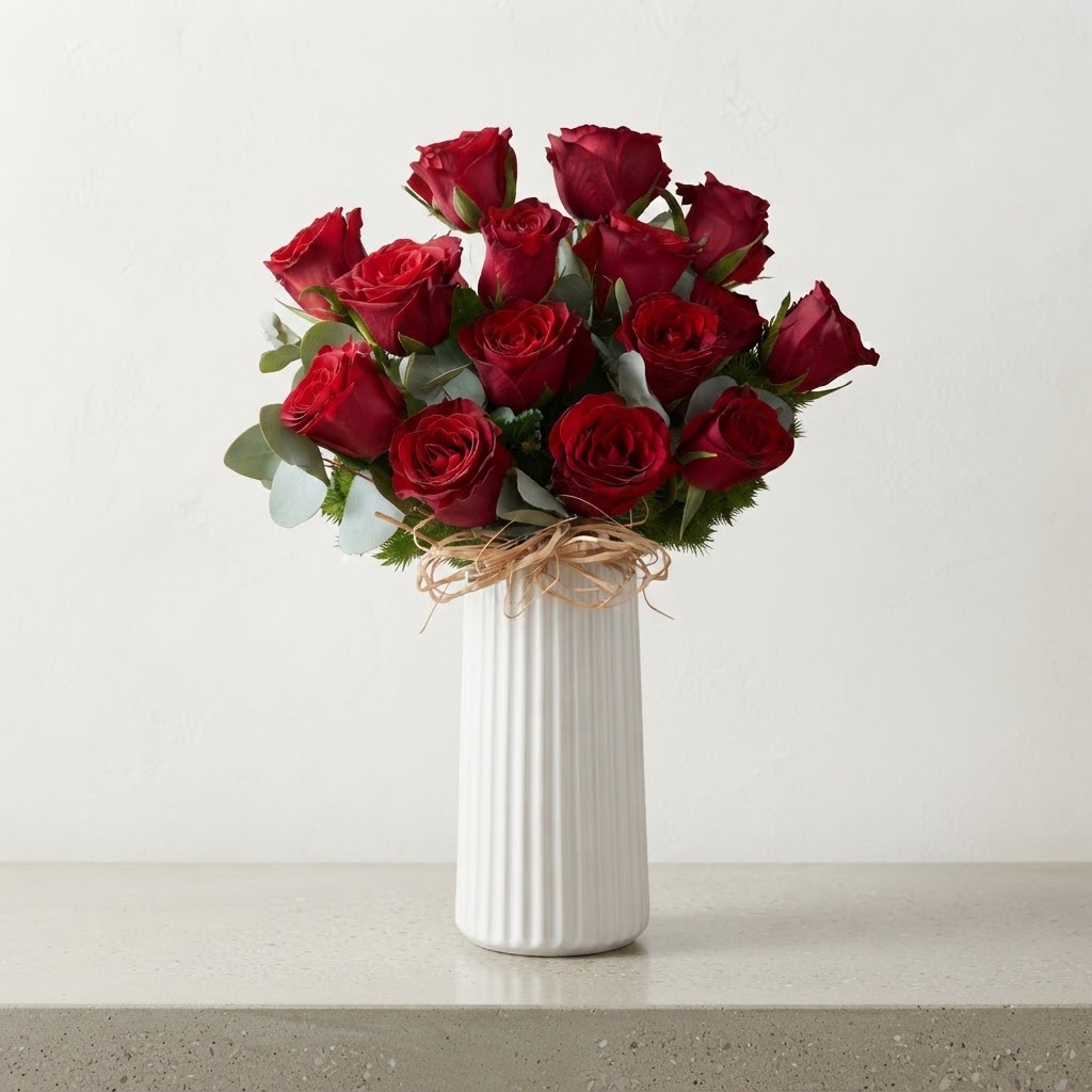 15 Red Roses in a White Striped Polymer Vase 15 Red Roses in a White Striped Polymer Vase