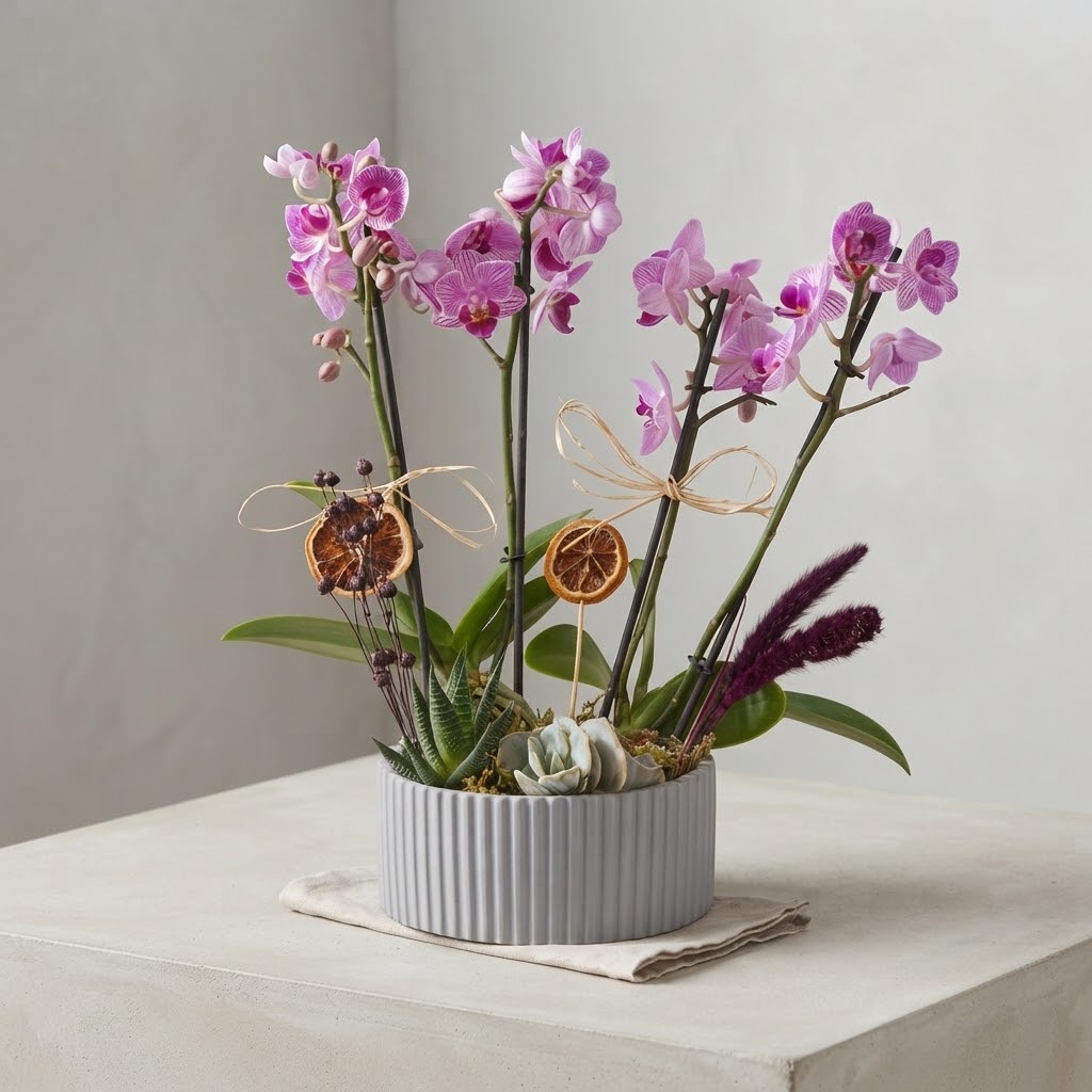 4-Stem Mini Orchid in Grey Polymer Pot 4-Stem Mini Orchid in Grey Polymer Pot