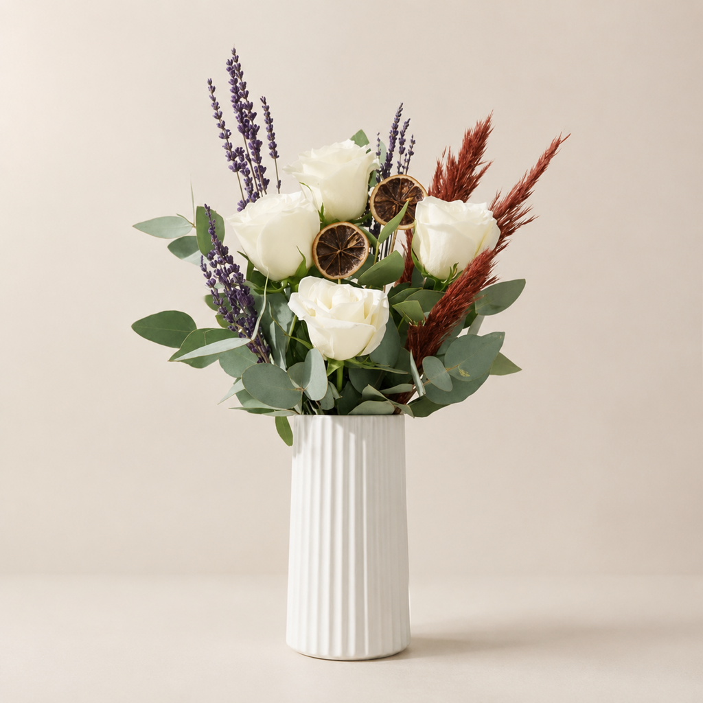 4 White Roses in a White Striped Polymer Vase 4 White Roses in a White Striped Polymer Vase