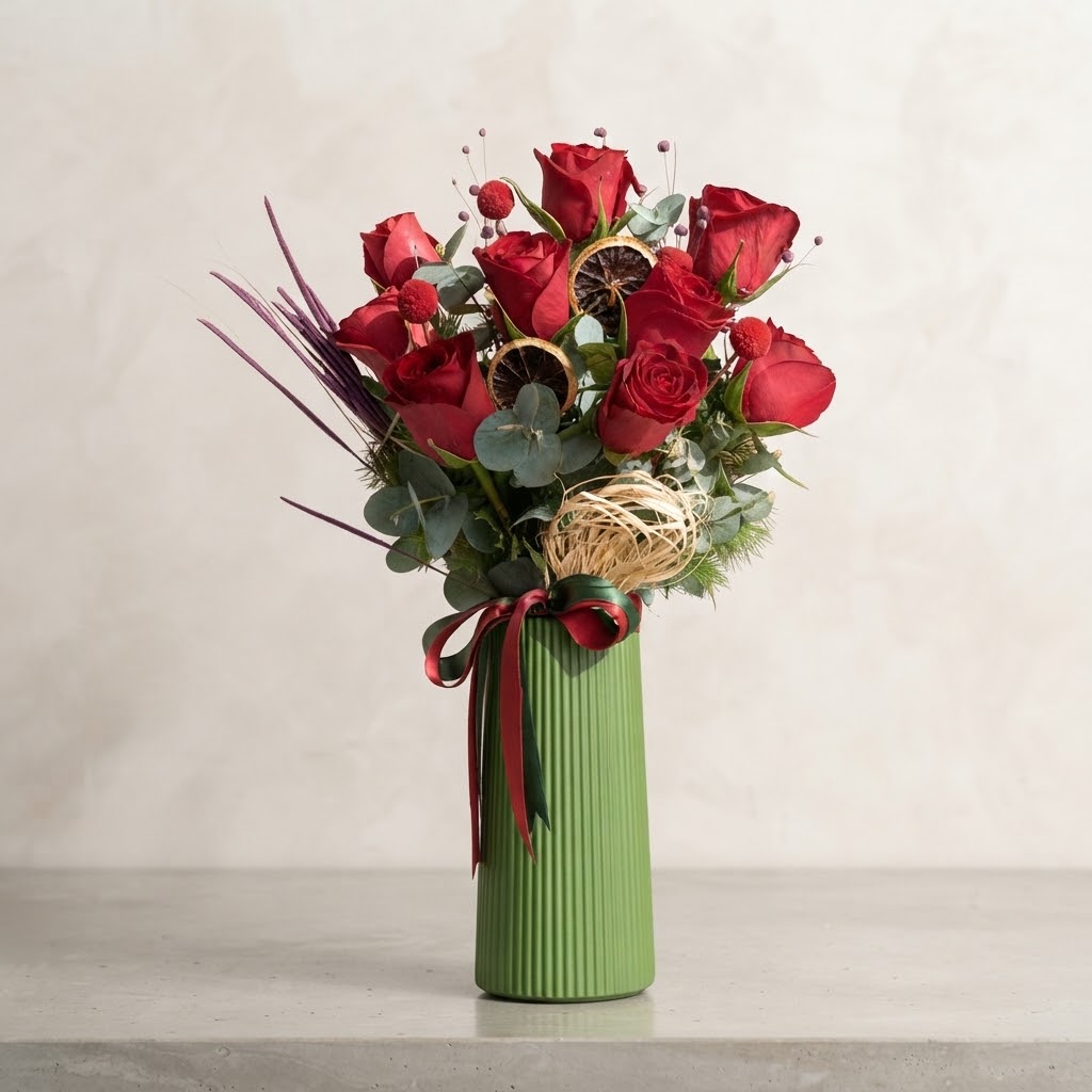 9 Red Roses in a Green Striped Polymer Vase with Ribbon 9 Red Roses in a Green Striped Polymer Vase with Ribbon