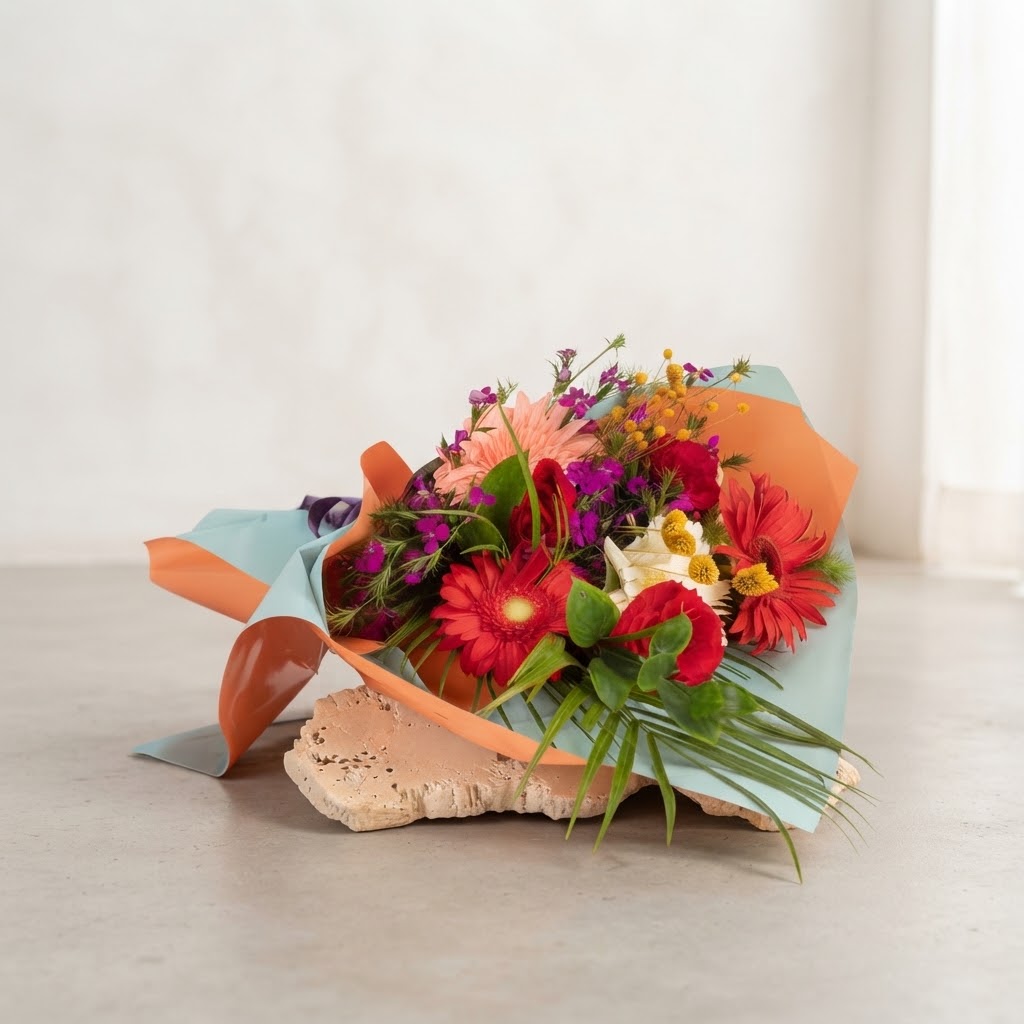 Gerberas with Phoenix in Blue Orange Bouquet Paper Gerberas with Phoenix in Blue Orange Bouquet Paper