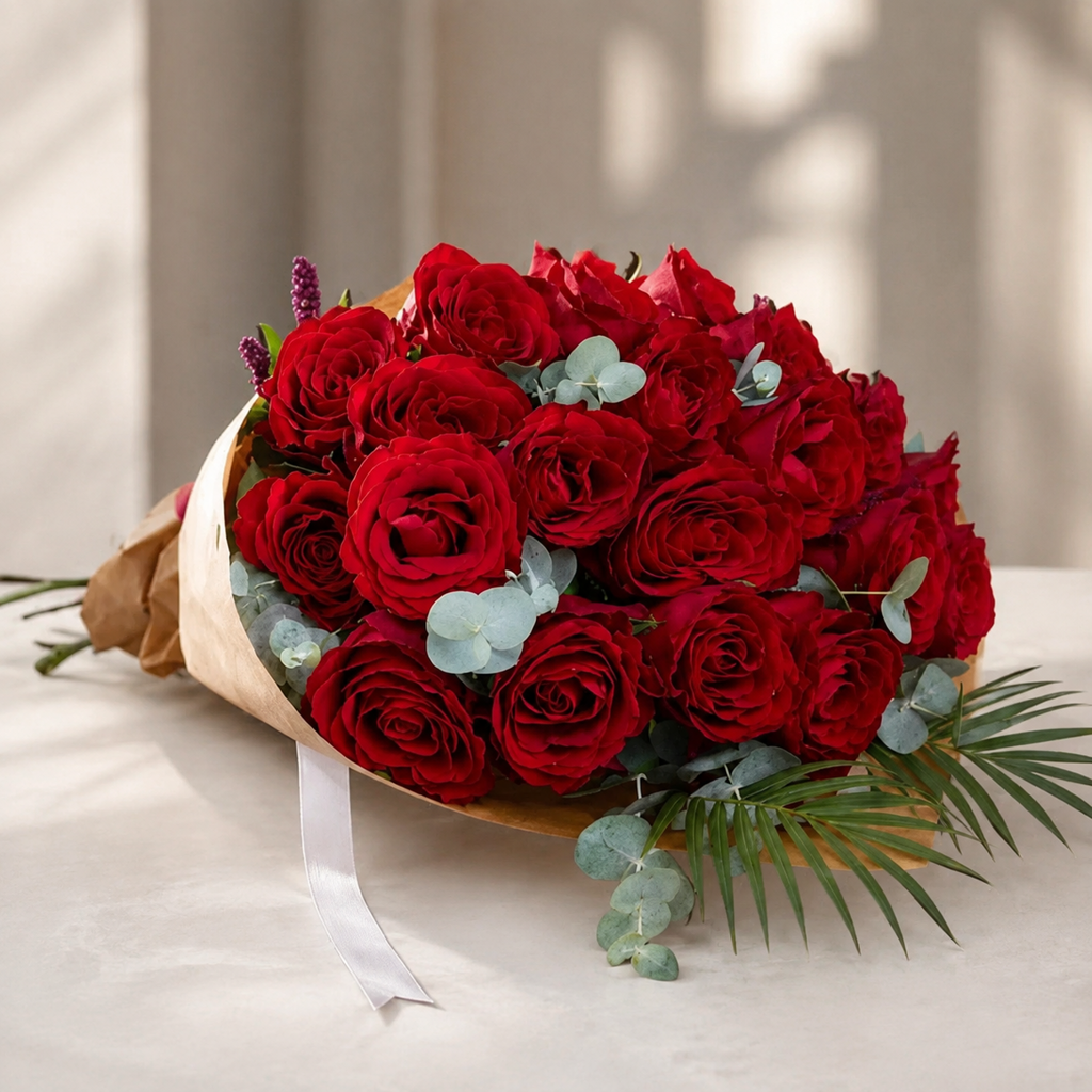 Kraft Bouquet 21 Red Roses and Fenix Plant Kraft Bouquet 21 Red Roses and Fenix Plant