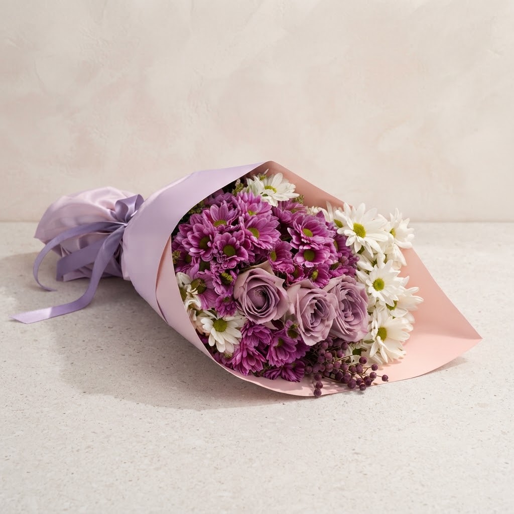 Lila Bouquet 3 Purple Roses and Pink White Daisies Lila Bouquet 3 Purple Roses and Pink White Daisies