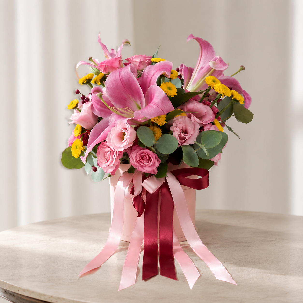 Lily in a Pink Pot, Ball Chrysanthemum, and Lisianthus Lily in a Pink Pot, Ball Chrysanthemum, and Lisianthus