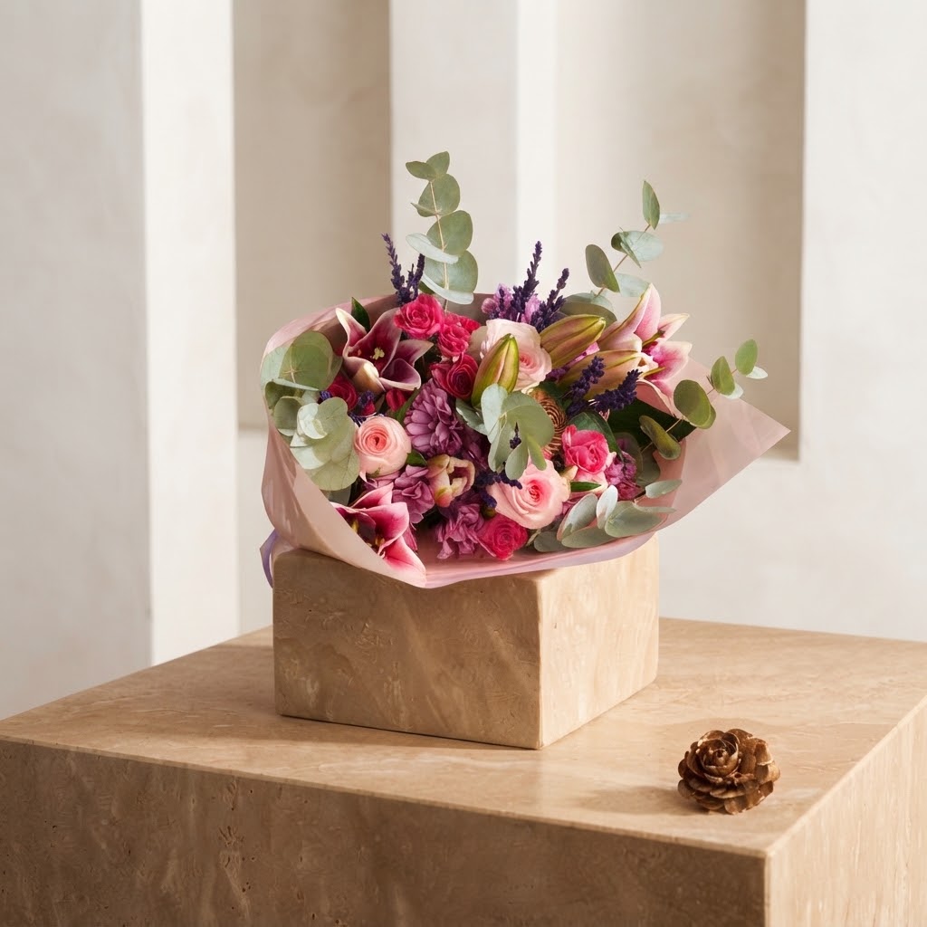 Mixed Pink Flowers in Powder Bouquet Mixed Pink Flowers in Powder Bouquet