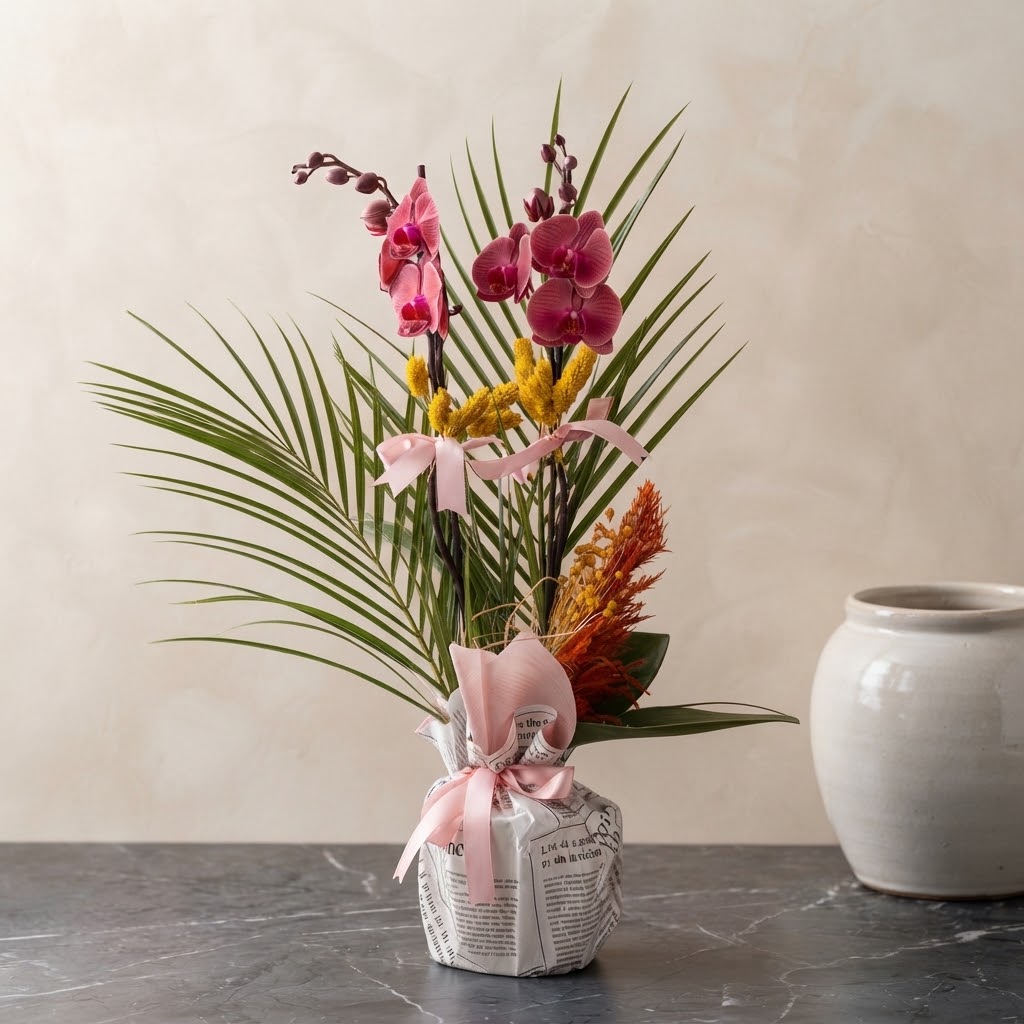 Newspaper Bouquet in a Pot Fire Red Orchid & Fenix Newspaper Bouquet in a Pot Fire Red Orchid & Fenix