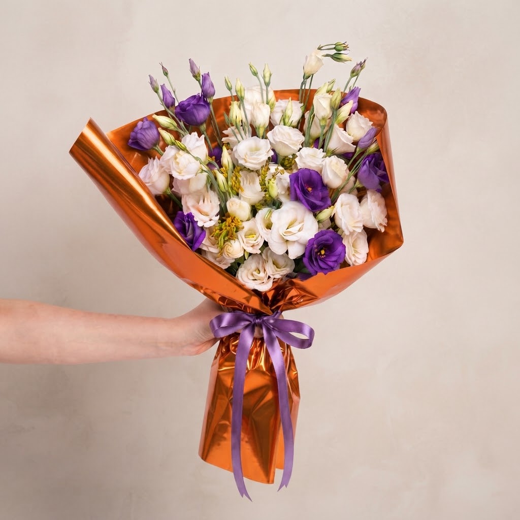 Orange Bouquet with Paper-wrapped Purple and White Lisianthus Orange Bouquet with Paper-wrapped Purple and White Lisianthus