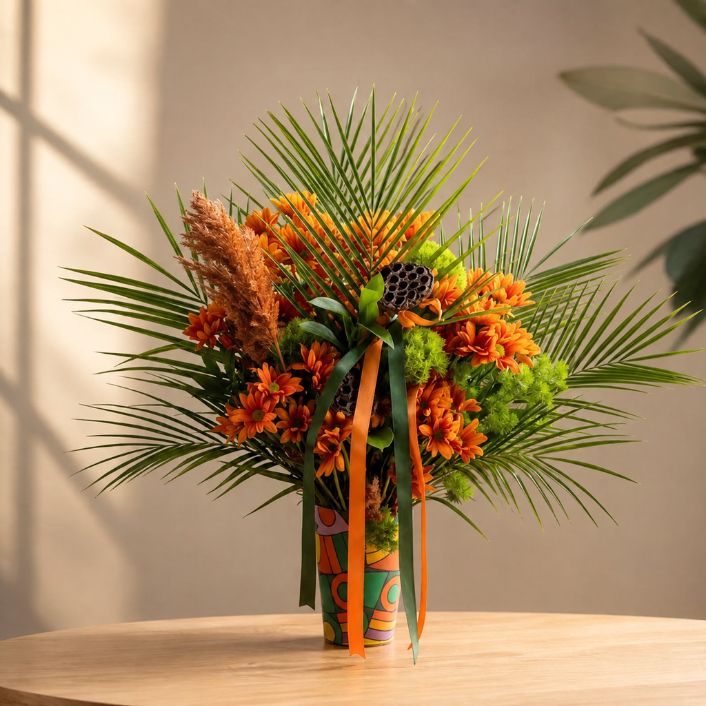 Orange Chrysanthemums and Phoenix in a Colorful Box Orange Chrysanthemums and Phoenix in a Colorful Box