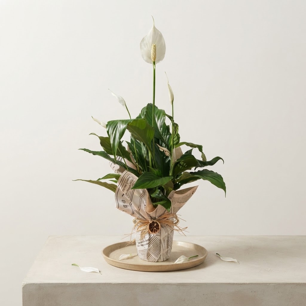 Peace Lily in a Pot Decorated with Newspaper-Patterned Bouquet Peace Lily in a Pot Decorated with Newspaper-Patterned Bouquet