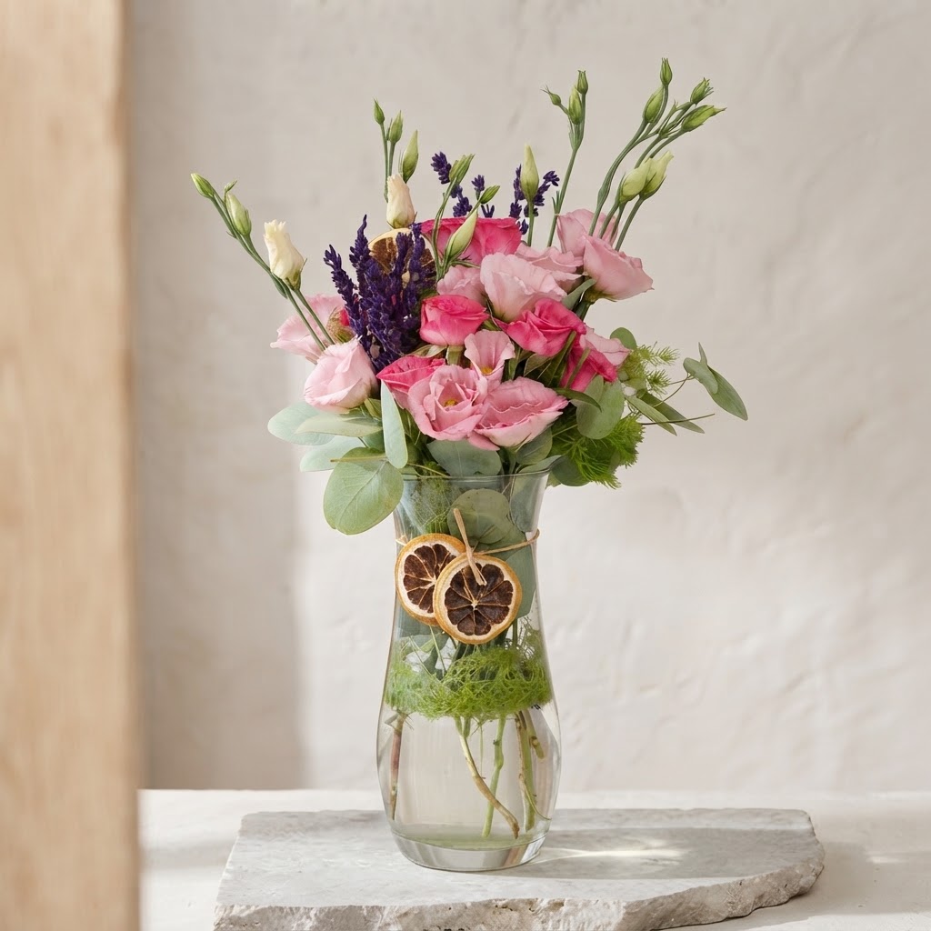 Pink Arbor Roses and Lisianthus in a Glass Vase Pink Arbor Roses and Lisianthus in a Glass Vase