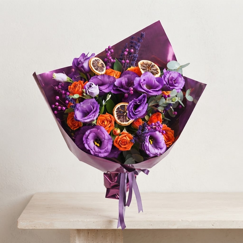 Purple Bouquet with Paper Purple Lisianthus and Luna & Orange Rose Purple Bouquet with Paper Purple Lisianthus and Luna & Orange Rose