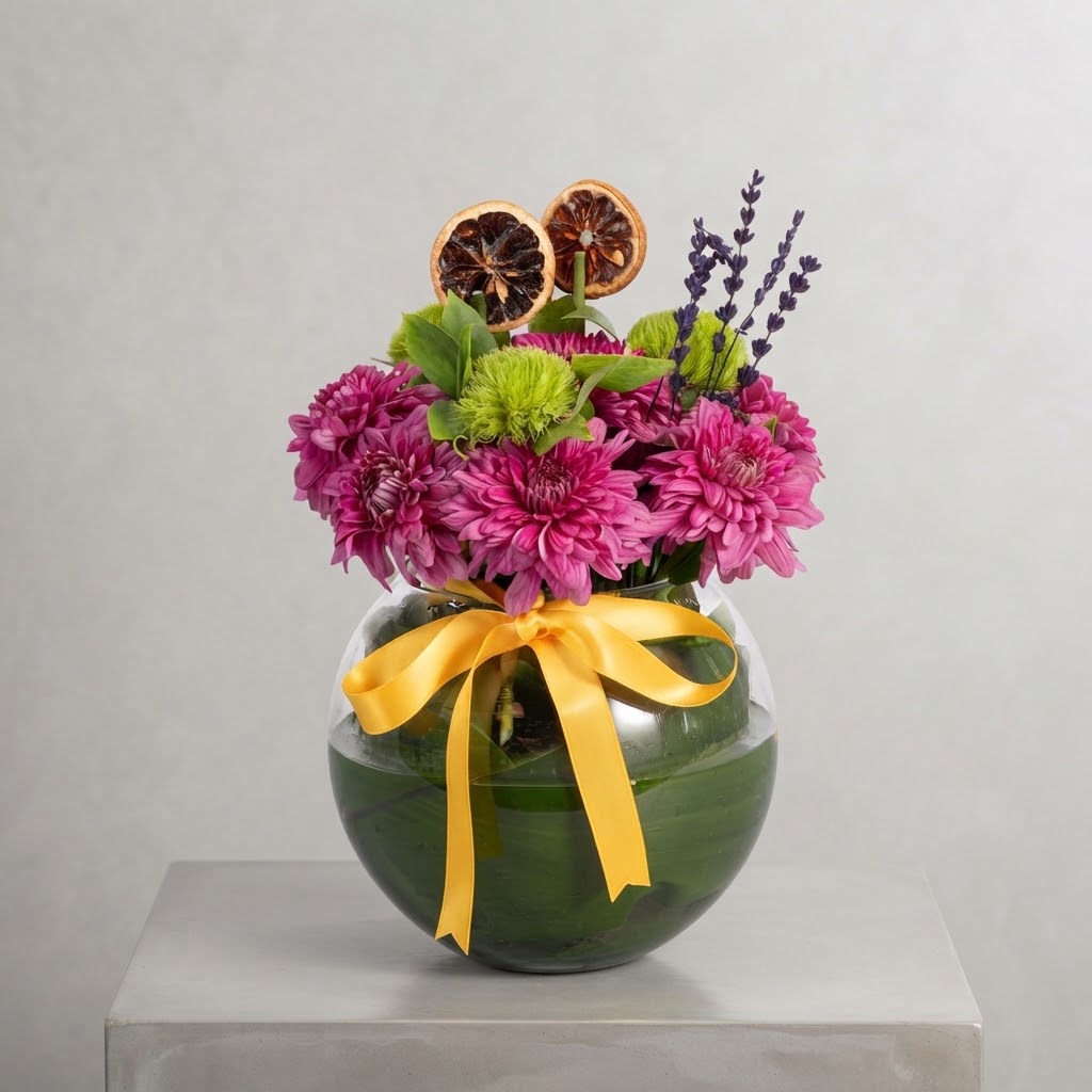 Purple Chrysanthemums in a Glass Aquarium Vase Purple Chrysanthemums in a Glass Aquarium Vase