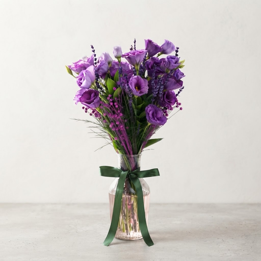 Purple Lisianthus and Purple Luna in a Glass Vase Purple Lisianthus and Purple Luna in a Glass Vase