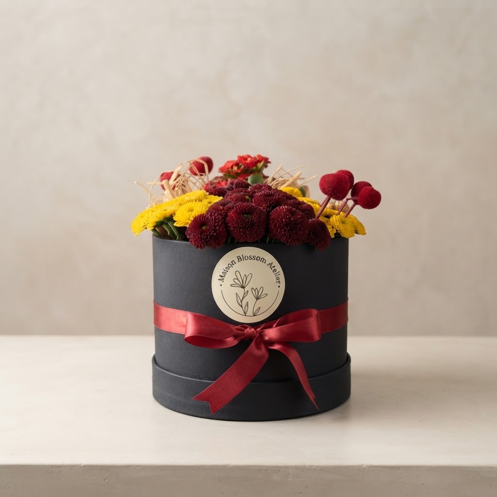 Red Kalanchoes and Chrysanthemums in a Black Box Red Kalanchoes and Chrysanthemums in a Black Box