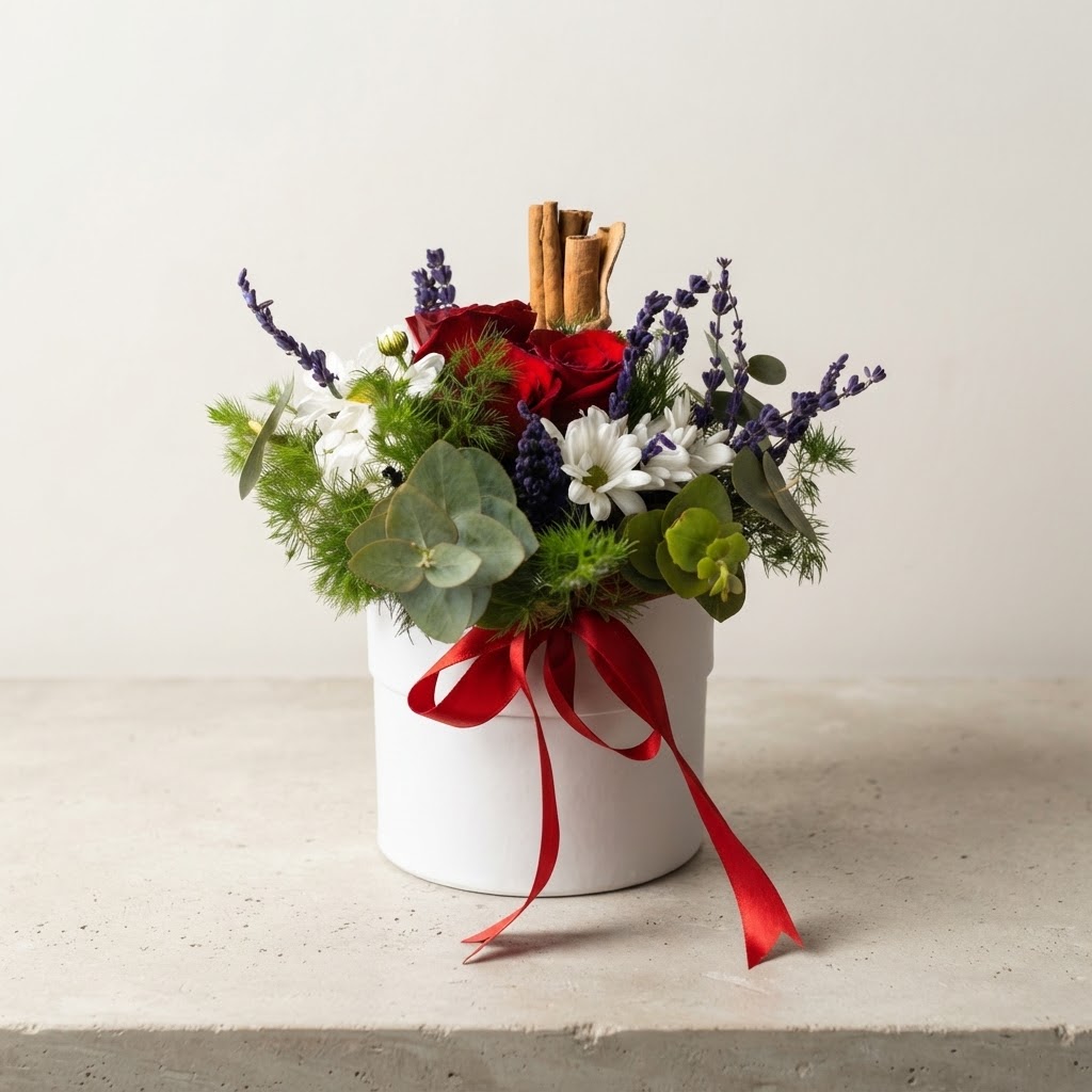 Red Rose and Daisies in a White Polymer Pot Red Rose and Daisies in a White Polymer Pot