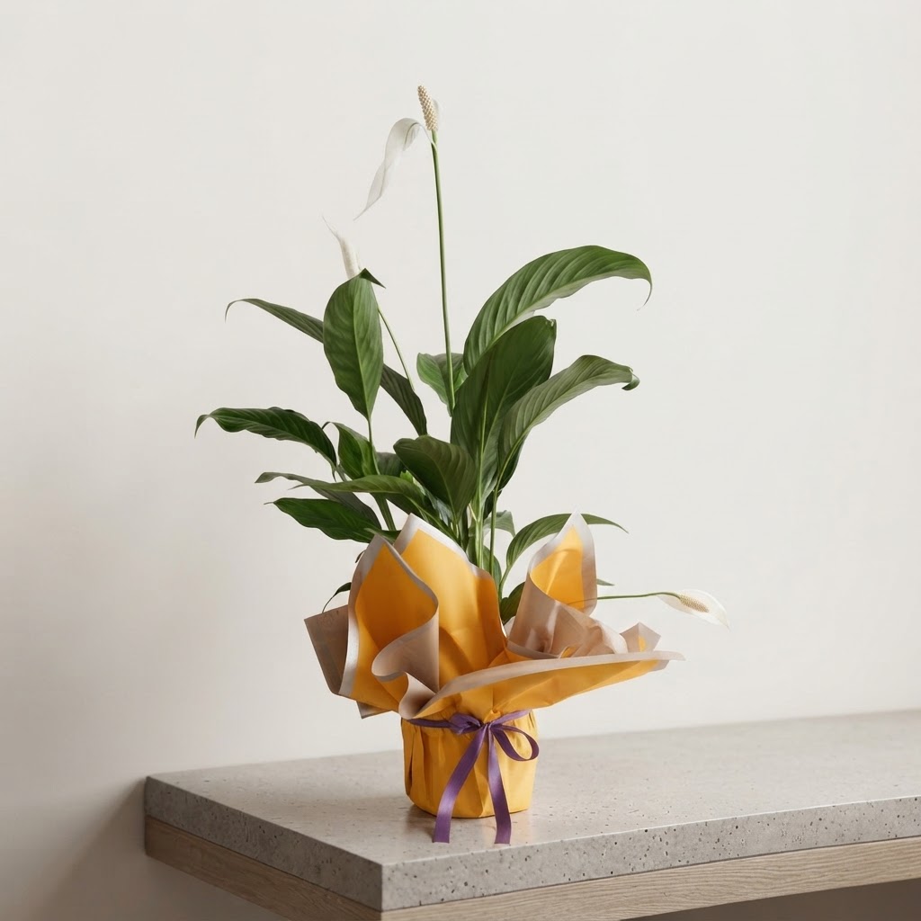 Spathiphyllum in a Pot with Yellow Bouquet and Purple Ribbon Spathiphyllum in a Pot with Yellow Bouquet and Purple Ribbon