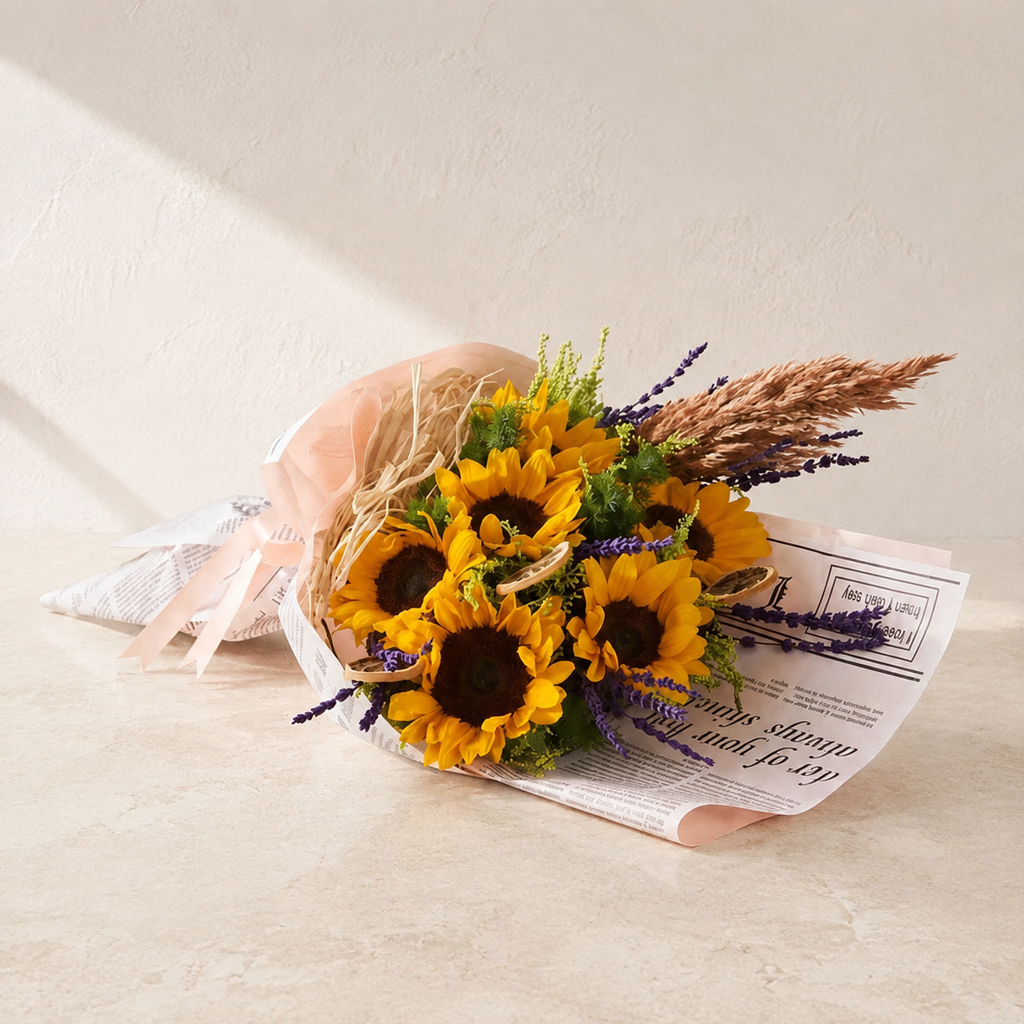 Sunflowers in a Newspaper-Patterned Bouquet Sunflowers in a Newspaper-Patterned Bouquet