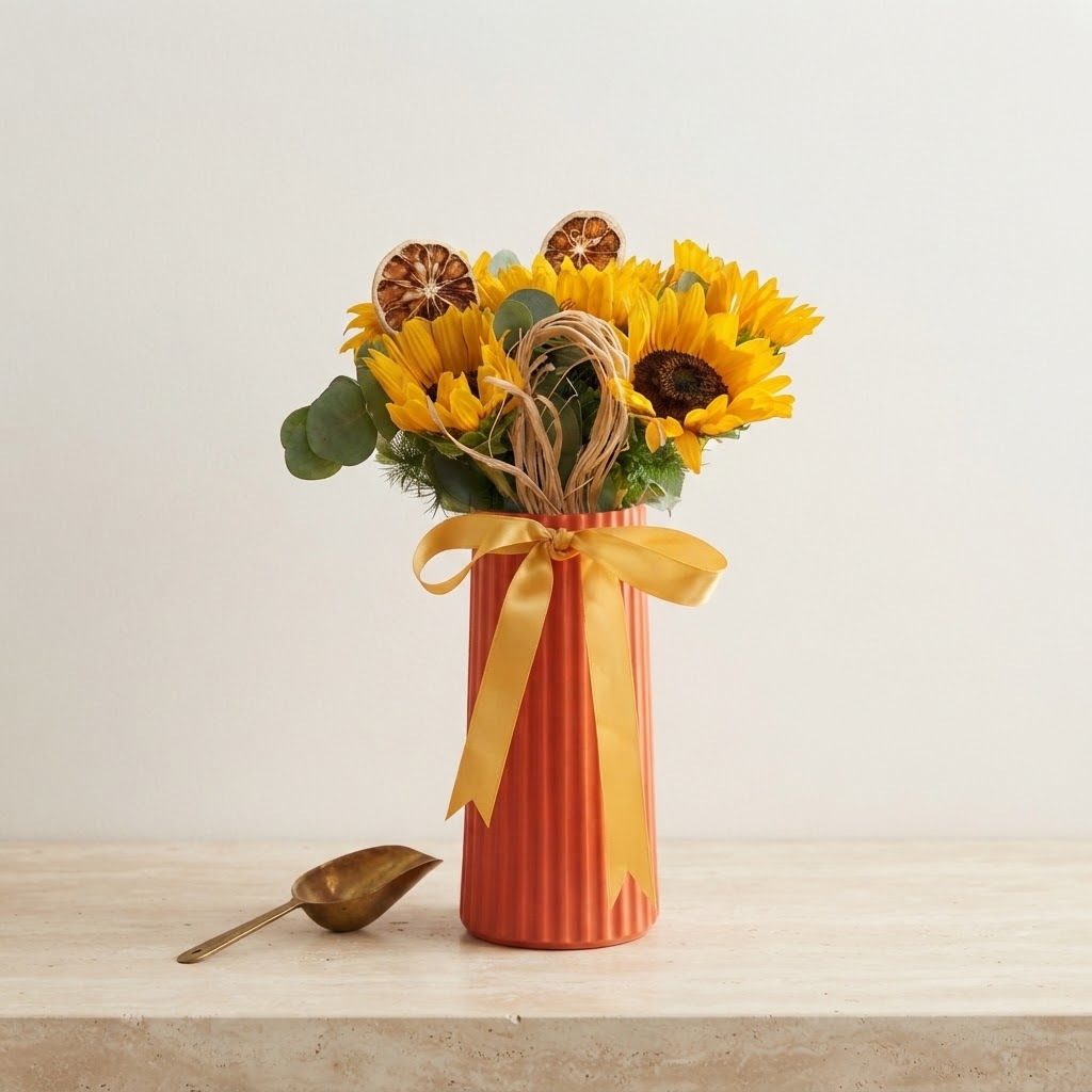 Sunflowers in an Orange Polymer Vase Sunflowers in an Orange Polymer Vase