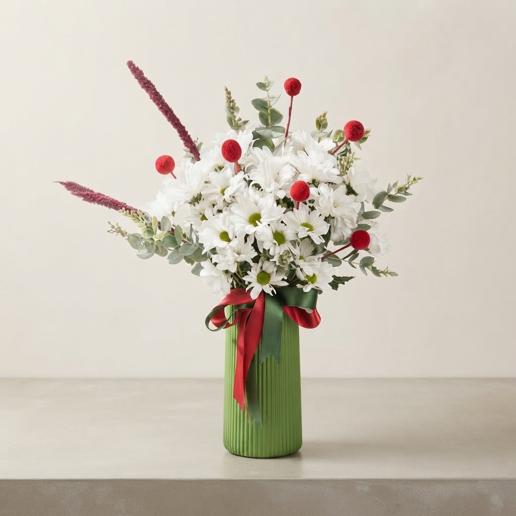 White Daisies and Red Craspedia in a Green Polymer Vase White Daisies and Red Craspedia in a Green Polymer Vase
