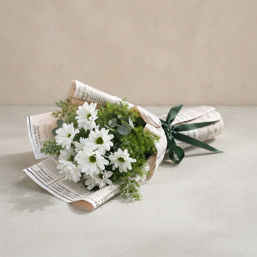 White Daisies in a Pink Tissue Paper Bouquet White Daisies in a Pink Tissue Paper Bouquet