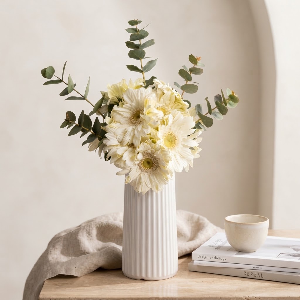 White Gerbera Flowers in a White Striped Polymer Vase White Gerbera Flowers in a White Striped Polymer Vase